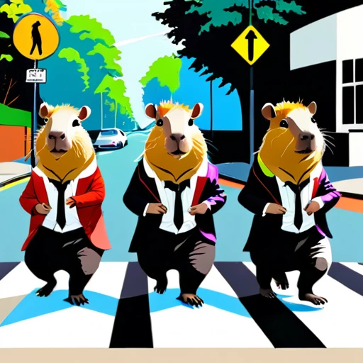 Four cute capybara, Beatles impersonation, same hairstyles and outfits, walking right on Abbey Road zebra crossing, Abbey Road is the 11th album of the British rock band The Beatles.