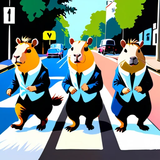 Four cute capybara, Beatles impersonation, same hairstyles and outfits, walking right on Abbey Road zebra crossing, Abbey Road is the 11th album of the British rock band The Beatles.