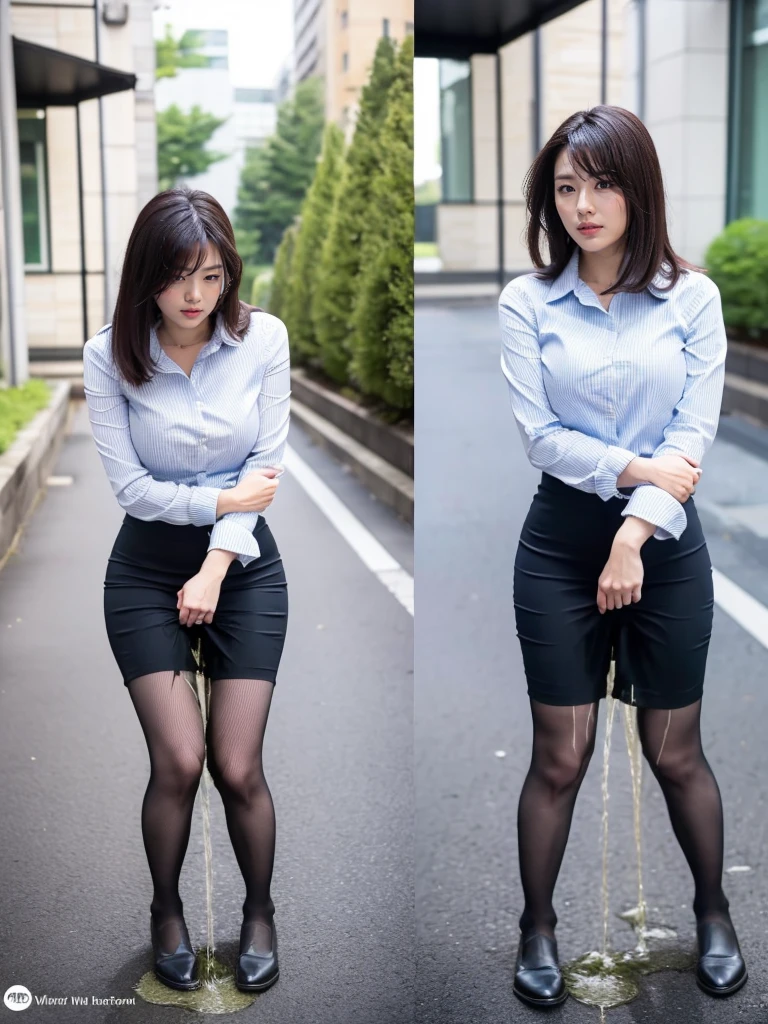 (masutepiece,High quality,16k:1.1),(depth of fields:1.3) ,((front body:1.35)),Japanese ,Woman, ((business suit, black vertical striped pencil skirt )), tights,huge breasts, voluptuous, thicc, curvy,(Looking at Viewer:1.3),(full body shot:1.2),(Beautiful Morning view of town:1.2),peeing self, wetting her clothes, can't hold her pee face, wetting herself desperate, pee desperation pose, her body can't hold her pee and wets herself ultra desperate in the middle of the cicty in absolute desperaton wetting herself, pee runing down her legs, standing up, hyper pee desperate face, big pee pudle