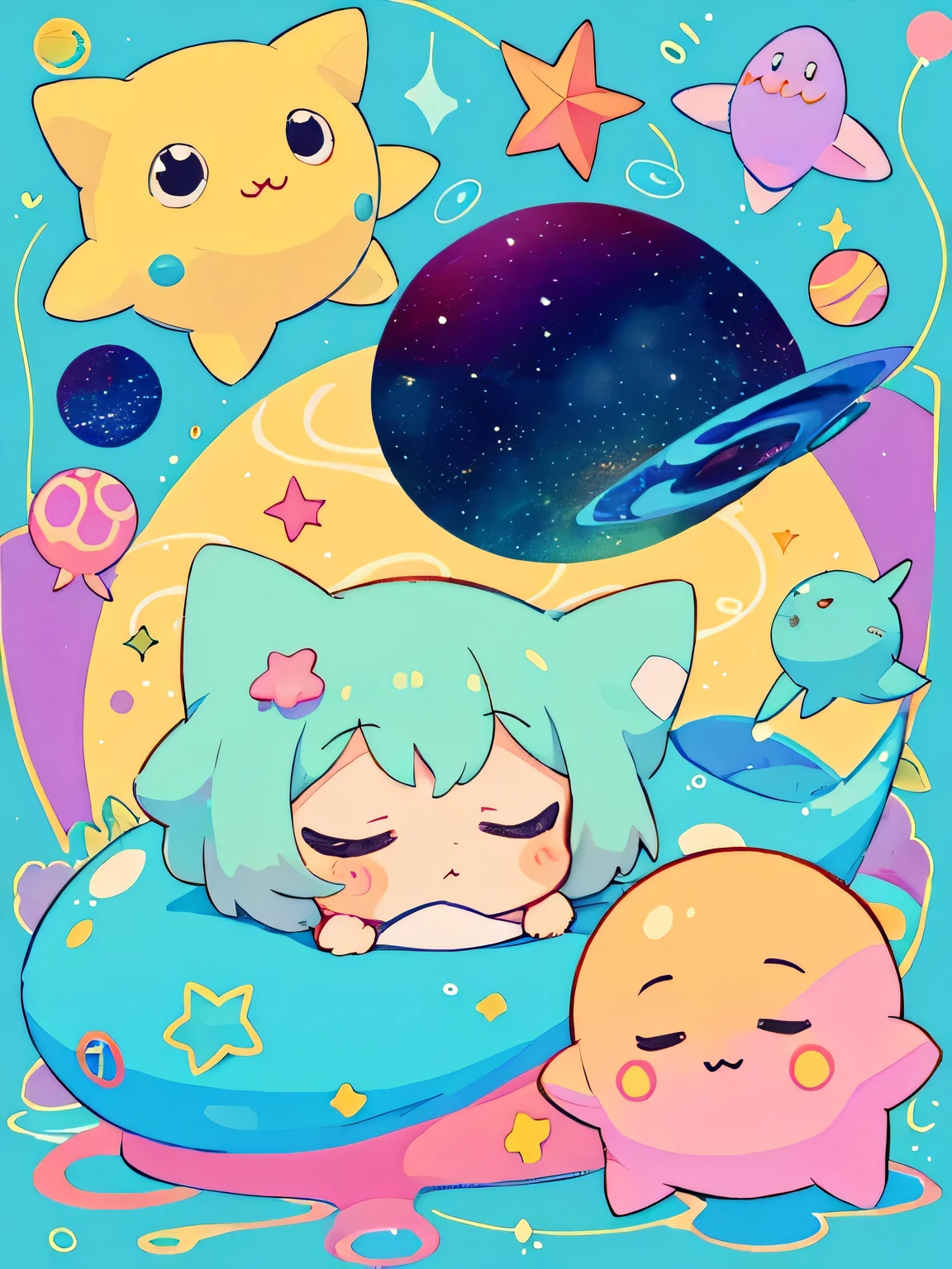 Paul Klee style, Kawaii Design, The most beautiful girl of all time、chibi, ((Colorful amoeba))、The background is space、nap