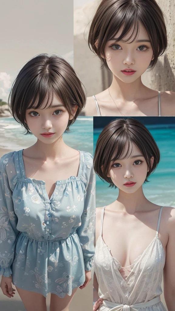 (((Full Body Shot)))、Tropical sandy beach、Standing posture、1girl、((Loli face))、(Full Body Shot)、(Surreal)、(Awareness-raising)、(High resolution)、(8K)、(Very detailed)、(Best illustrations)、(wallpaper)、(Beautiful and detailed eyes)、(Highest quality)、(Ultra-detailed)、(masterpiece)、(Detailed face)、Pure Erotic Face Ace_v1、View your viewers、Fine details、Detailed face、Low Key、Laughter、Pixie Cut、Cute clothes、clear、Serious clothes、Diagonal bangs、Brown Hair、