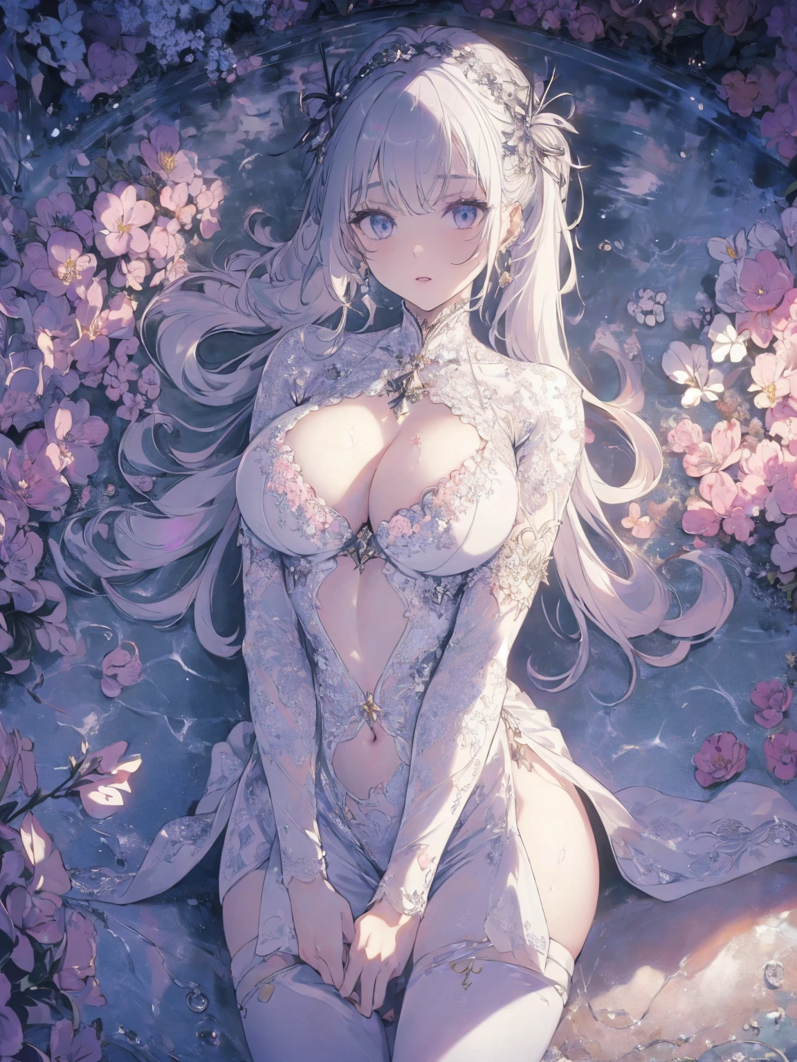 (suits photo:1.1, in white garden:1.5), Masterpiece, best quality, (very detailed CG unity 8k wallpaper), (best quality), High definition RAW color art, Animation,sculptures, (pink Marble Skin), (((Ultra detailed elegant))), Magical atmosphere, Detailed skin, Texture,(Intricately detailed, Fine detail, ultra-detail art), depth of fields, bokeh, Silky Touch, Hyper Detail, beautiful eyes, Elegant Face, (posing on marble floor), sparkle background, enormous breast:1.3, witchcraft outfit, (silver hair), pastel purple, abs:1.3, muscle, キメ顔, wide open udder, twintail