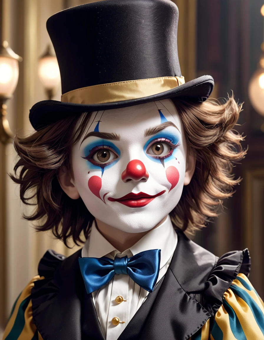 I need a female doll, dressed and made up like a clown, she would have medium brown hair And a boy dressed as a magician with a top hat he would also have brown hair, I want him just like magic And the two of them would be kissing