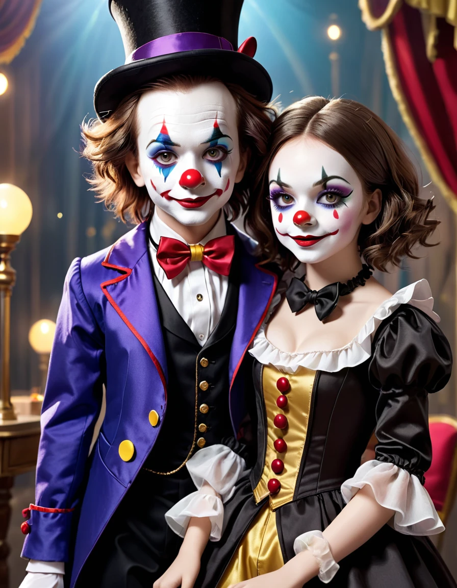 I need a female doll, dressed and made up like a clown, she would have medium brown hair And a boy dressed as a magician with a top hat he would also have brown hair, I want him just like magic And the two of them would be kissing
