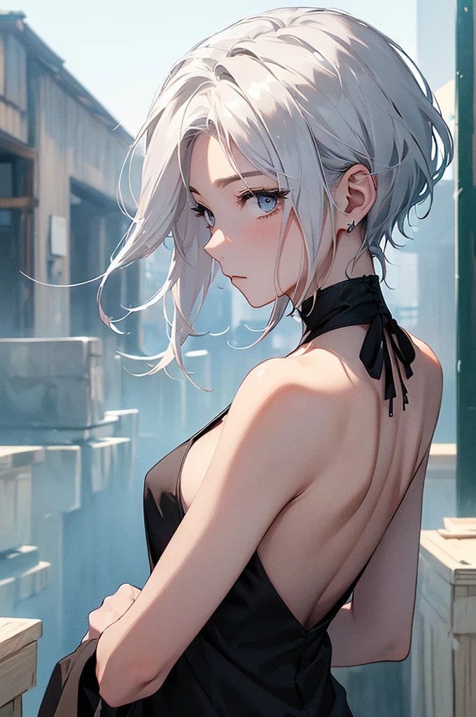(Image from chest up:1.4)((masterpiece:1.5,Highest quality,Beautiful images、Sketch、2.5D、Ink Painting、Abstract、Artistic、Portraiture))(1girl, 独奏)(medium breasts, white hair、short hair、sideboob、Exposing shoulders、Tattoo on shoulder)(横顔のPortraiture,Gaze sideways、Gaze diagonally、Shake your head、A sad expression, floating hair)(モノトーンのAbstractな背景)((from backside:1.3)),Landscape