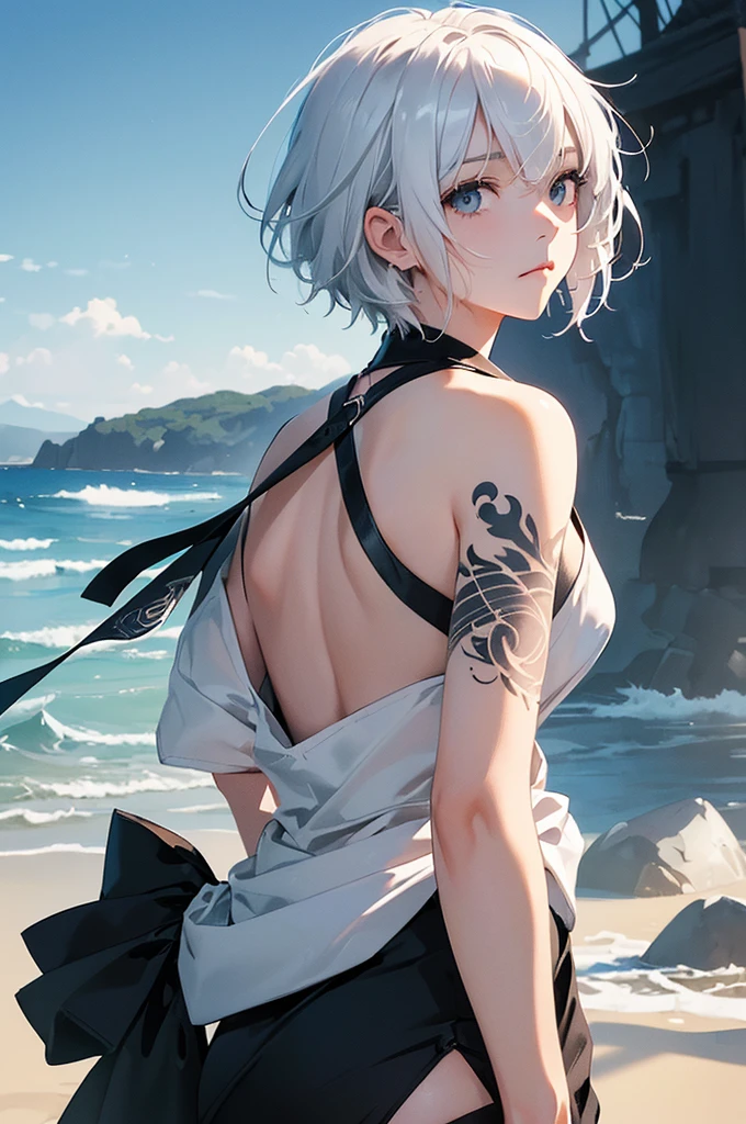 (Image from chest up:1.4)((masterpiece:1.5,Highest quality,Beautiful images、Sketch、2.5D、Ink Painting、Abstract、Artistic、Portraiture))(1girl, 独奏)(medium breasts, white hair、short hair、sideboob、Exposing shoulders、Tattoo on shoulder)(横顔のPortraiture,Gaze sideways、Gaze diagonally、Shake your head、A sad expression, floating hair)(モノトーンのAbstractな背景)((from backside:1.3)),Landscape
