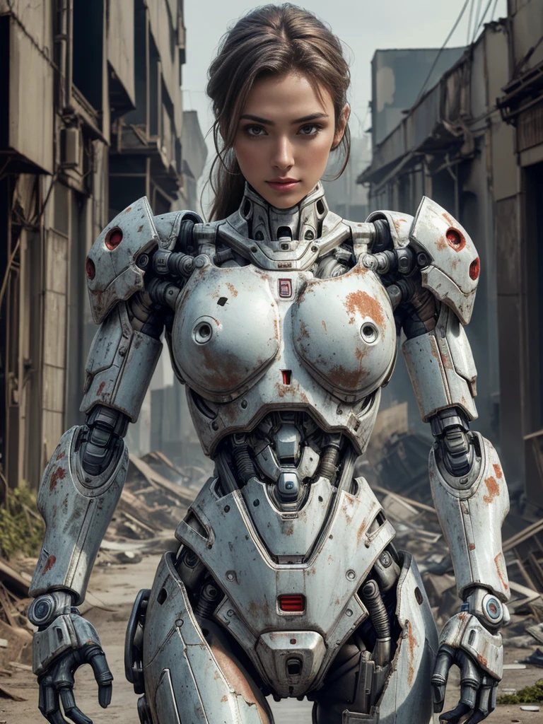 ((masterpiece, highest quality, Highest image quality, High resolution, photorealistic, Raw photo, 8K)), Abandoned robot soldier on battlefield, broken and immobile, rust and moss showing passage of time, female cyborg body, female body, biomechanical , extra detailed body, blowjob white mech, white biomechanical details, detailed body, shiny white armor, cybernetic body, eva unit-00 on back, full body details, detailed destroyed City in the background