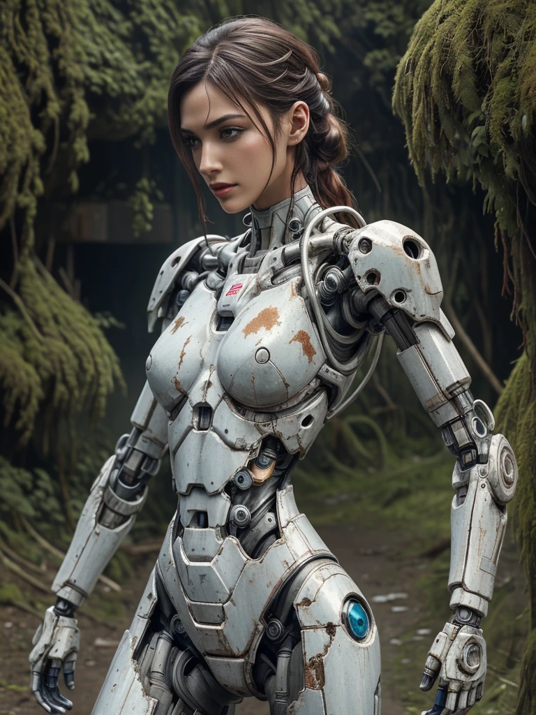 ((masterpiece, highest quality, Highest image quality, High resolution, photorealistic, Raw photo, 8K)), Abandoned robot soldier on battlefield, broken and immobile, rust and moss showing passage of time, female cyborg body, female body, biomechanical , extra detailed body, blowjob white mech, white biomechanical details, detailed body, shiny white armor, cybernetic body, eva unit-00 on back, full body details, detailed destroyed City in the background