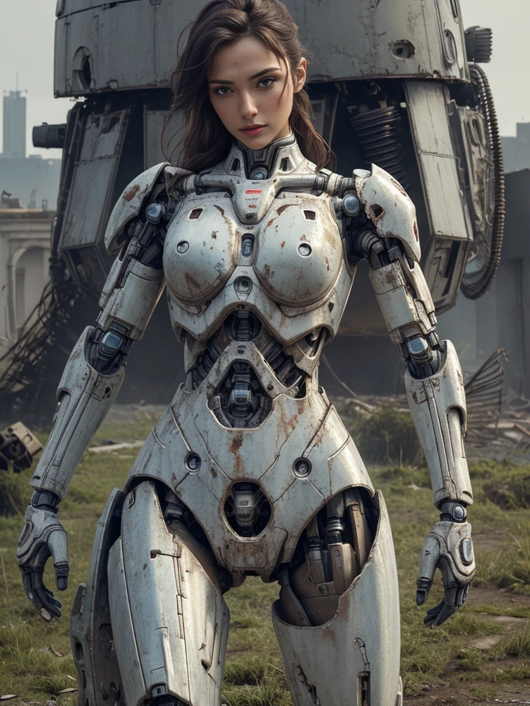 ((masterpiece, highest quality, Highest image quality, High resolution, photorealistic, Raw photo, 8K)), Abandoned robot soldier on battlefield, broken and immobile, rust and moss showing passage of time, female cyborg body, female body, biomechanical , extra detailed body, blowjob white mech, white biomechanical details, detailed body, shiny white armor, cybernetic body, eva unit-00 on back, full body details, detailed destroyed City in the background