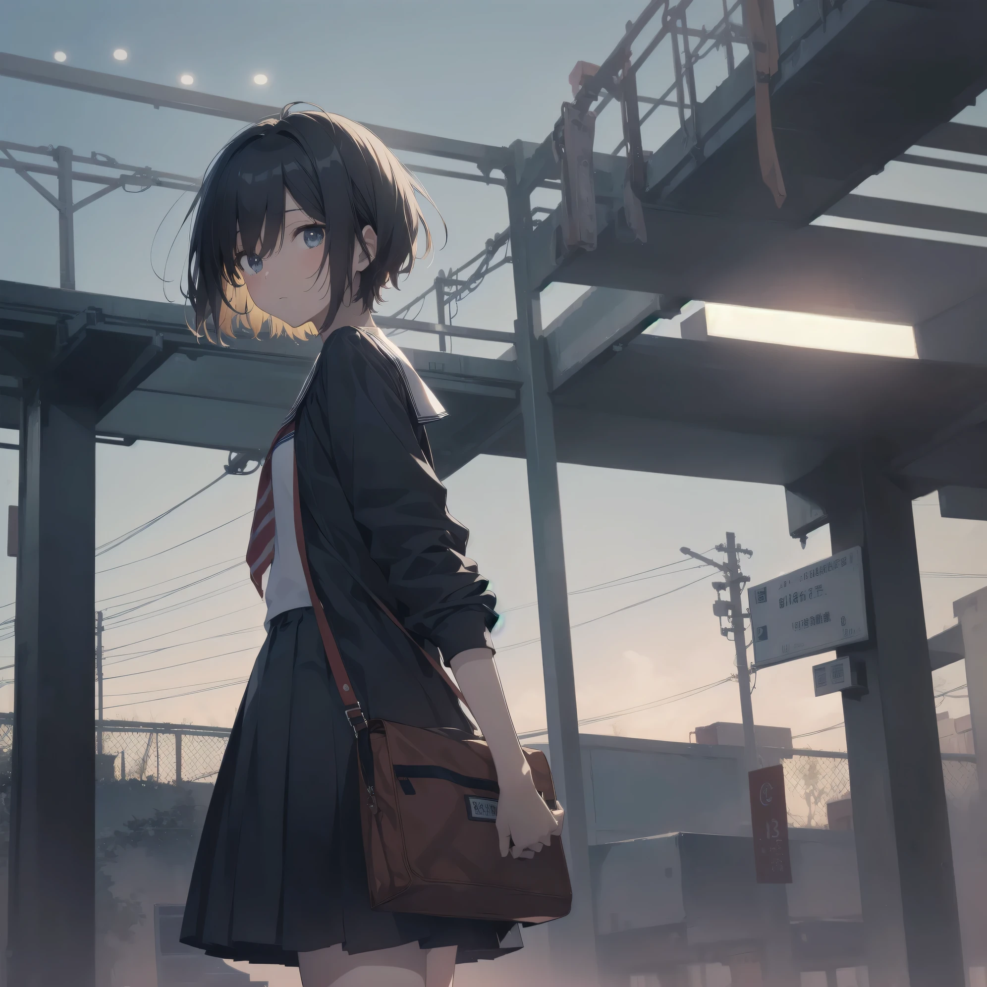 ultra-absurdres-Top quality by artist God, ultra-detailed, high resolution, anime moe artstyle, best anime 8k konachan wallpaper, pixiv contest winner, pool:2810, perfect anatomy,break, 1girl, (Please draw a girl walking sleepily to school alone. )break,(Solo,little female, 13-year-old:1.3),Full limbs, complete fingers,a junior high school student, (very short hair), short cut, flat chest, , small butt, small black eyes, beautiful detailed eyes, well-proportioned iris and pupils, expressive eyes, highres detailed hair, soft expression, salor school_uniform, sailor collar, serahuku, bow, pleated skirt,(Detailed Lighting), (Detailed background), in the School commute route. break,super detailed skin, Best cinematic lighting powered by famous artist, 8k,beauty illustration,photoshop_(medium),very aesthetic,break,((artist:toosaka_asagi )), artist:clamp ,artist:carnelian ,artist:kantoku ,