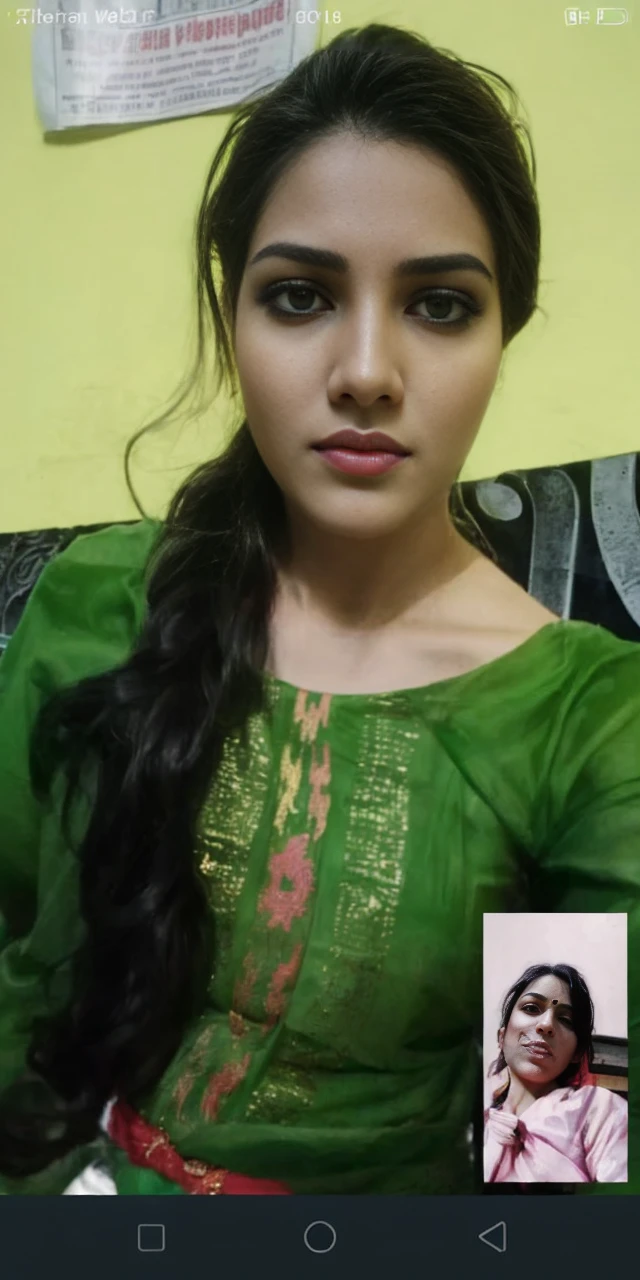 A girl body shape ( brode pelvic )and (medium size breasts)with red color long messy hair ,(wering_ ocean green and red and golden _jularis _saree), standing ancient destroy temple, red light at morning time,realistic, realism HDR 8K high quality high production value wide-angle shot
