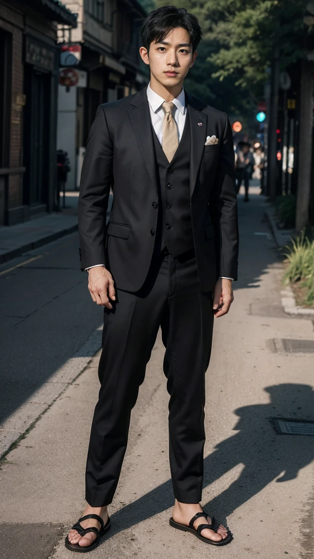 In this fascinating photo、The photo shows a handsome Korean man, 35 years old.、He is wearing a black suit and black sandals.、 He was standing in the middle of an outdoor street environment.., Colorful dust, Holi Festival, Bathed in the golden light of a beautiful day. With unparalleled attention to detail., This realistic portrait blends National Geographic style。., 8K resolution captures skin texture in fine detail. Leica digital SLR camera. His features were clearly visible., From deep-set eyes to a chiseled jawline., Make this image a true masterpiece..lift. (8K Ultra HD、Raw photo、Photorealistic Portraits Leica Digital SLR、Realistic images)