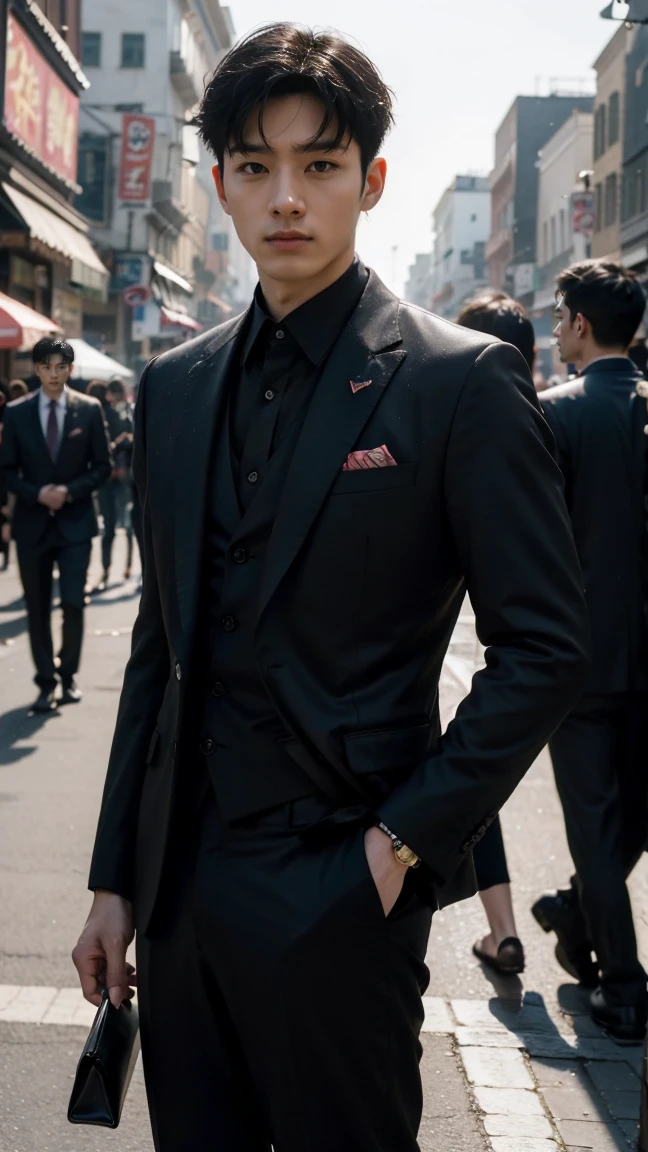 In this fascinating photo、The photo shows a handsome Korean man, 35 years old.、He is wearing a black suit and black sandals.、 He was standing in the middle of an outdoor street environment.., Colorful dust, Holi Festival, Bathed in the golden light of a beautiful day. With unparalleled attention to detail., This realistic portrait blends National Geographic style。., 8K resolution captures skin texture in fine detail. Leica digital SLR camera. His features were clearly visible., From deep-set eyes to a chiseled jawline., Make this image a true masterpiece..lift. (8K Ultra HD、Raw photo、Photorealistic Portraits Leica Digital SLR、Realistic images)