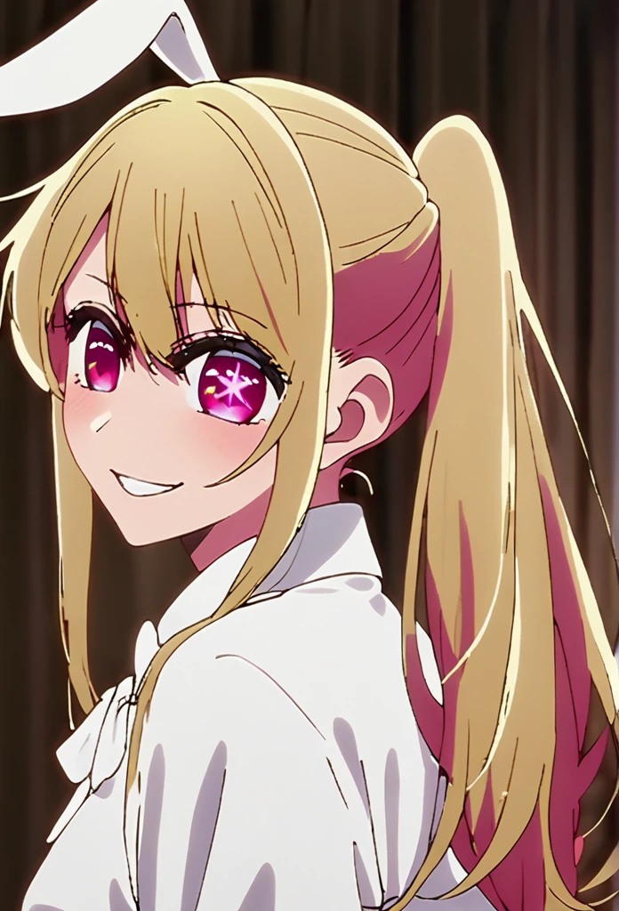 Blonde、Highest quality、high resolution、8K,Highest quality、Star-shaped pupil、The best smile、long hair、Pink Eyes、ponytail、Cowboy Shot、One person、Bunny girl