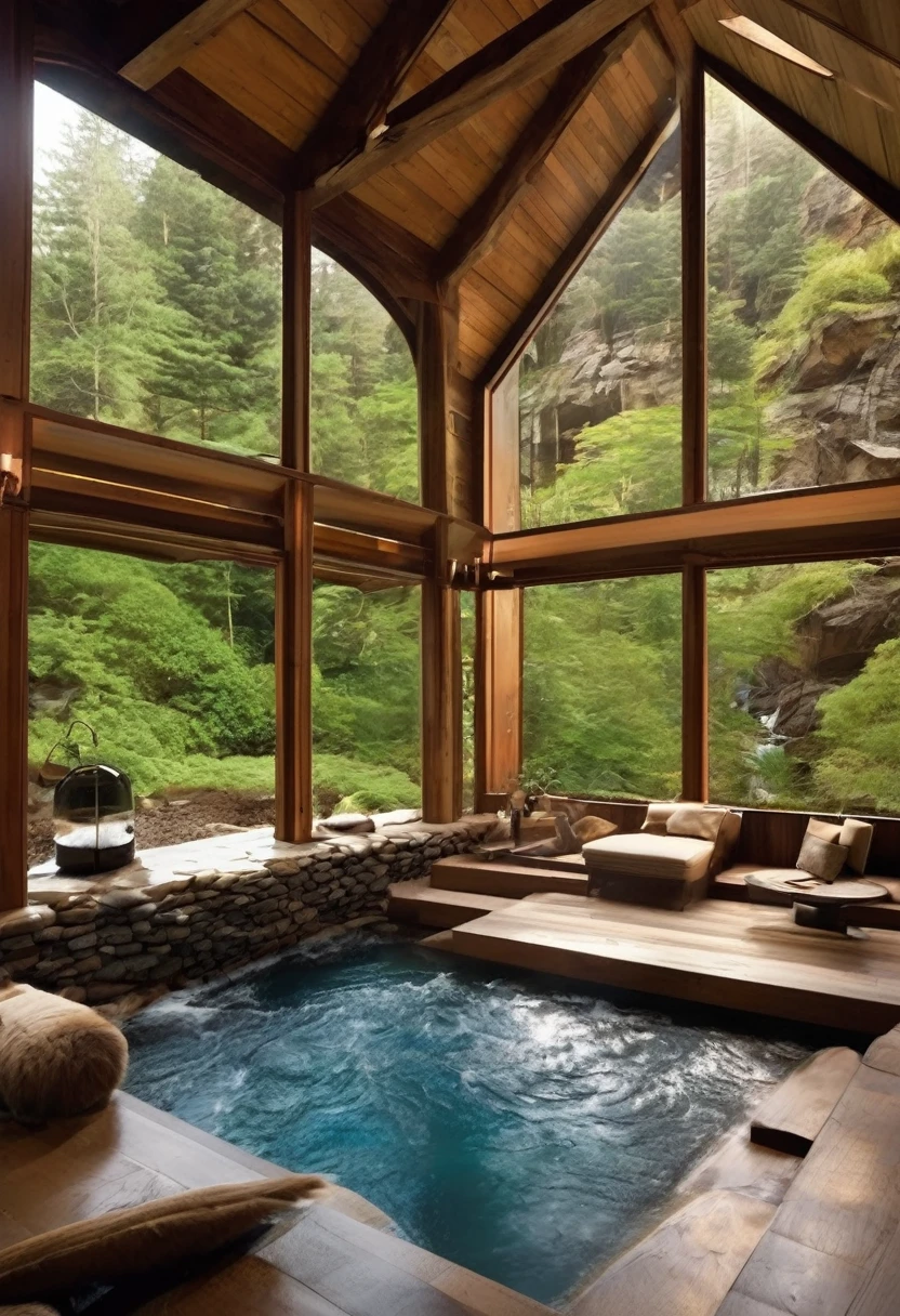 Luxury Cabin with Flowing Stream
Screenshot_20240629092936255_com.pinterestedit.jpg
W
This image shows a stunning interior of what appears to be a luxury cabin or lodge. The most striking feature is a natural-looking stream or water feature that flows through the living space, entering through a large arched opening. The water cascades over rocks, creating a beautiful indoor waterfall effect.sun rays throu window fractal flowers
The room has a rustic yet elegant design, with exposed wooden beams, stone pillars, and large windows that offer a view of a snowy forest outside. There's a cozy seating area next to the water, with a comfortable-looking couch.
The space has two levels, with a balcony or loft area visible above. Warm lighting from various fixtures adds to the inviting atmosphere. The combination of natural elements like wood and stone with the flowing water creates a unique and harmonious indoor-outdoor living experience.
This design beautifully integrates nature into the living space, offering a serene and luxurious environment that seems perfect for relaxation and enjoying the surrounding wilderness.