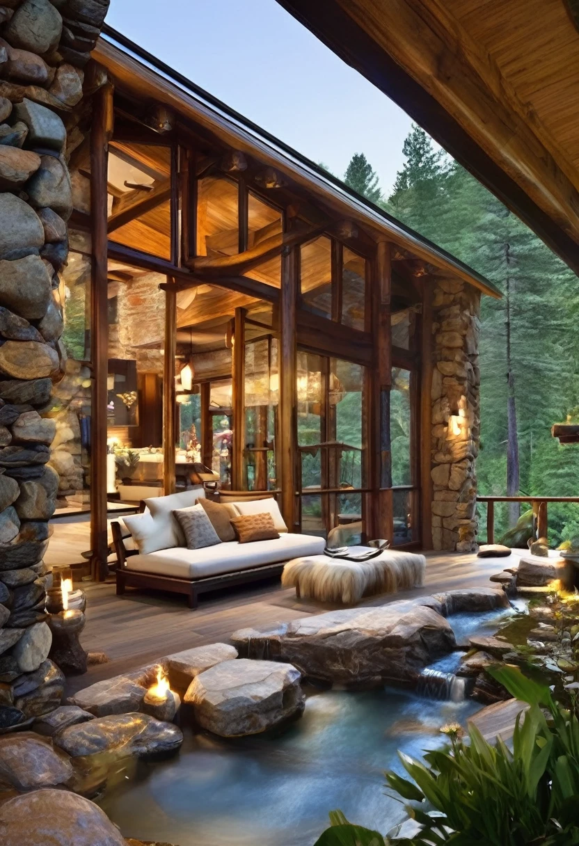 Luxury Cabin with Flowing Stream


Screenshot_20240629092936255_com.pinterestedit.jpg
W
This image shows a stunning interior of what appears to be a luxury cabin or lodge. The most striking feature is a natural-looking stream or water feature that flows through the living space, entering through a large arched opening. The water cascades over rocks, creating a beautiful indoor waterfall effect.sun rays throu window fractal flowers



The room has a rustic yet elegant design, with exposed wooden beams, stone pillars, and large windows that offer a view of a snowy forest outside. There's a cozy seating area next to the water, with a comfortable-looking couch.

The space has two levels, with a balcony or loft area visible above. Warm lighting from various fixtures adds to the inviting atmosphere. The combination of natural elements like wood and stone with the flowing water creates a unique and harmonious indoor-outdoor living experience.

This design beautifully integrates nature into the living space, offering a serene and luxurious environment that seems perfect for relaxation and enjoying the surrounding wilderness.