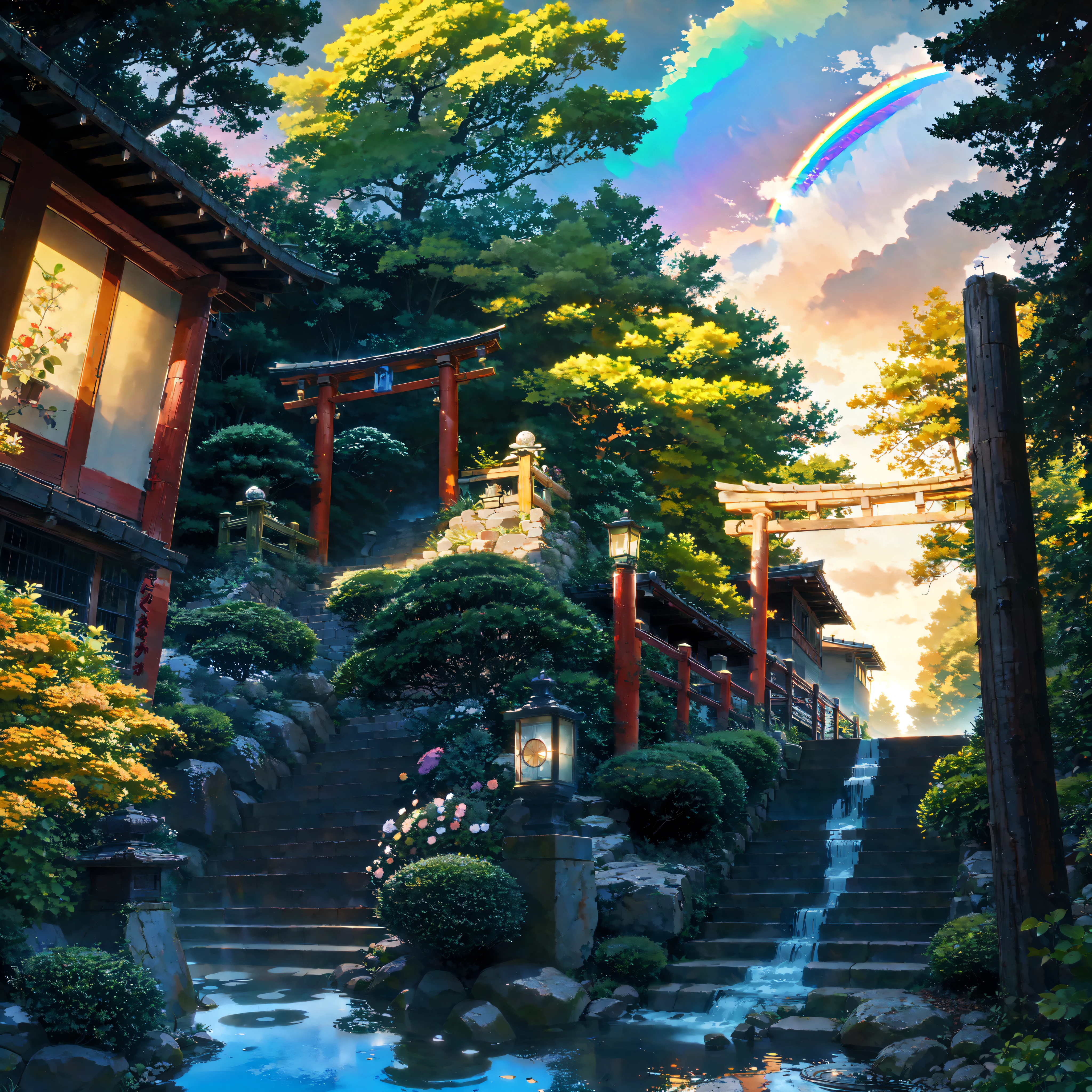 (vibrant: 1.1) and (colorful:1.1) (rainbow1.4) arching across the sky, seamlessly integrated into the existing scene. Rich and vivid colors