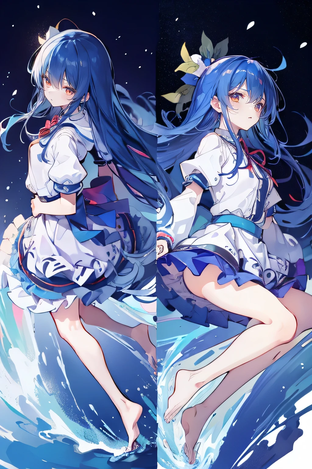 (masterpiece:1.2),Super detailed,lifelike,Expressive eyes,fair skin,perfect face shape,1 girl,
Japanese comics,Gorgeous blue hair,flowing blue hair,flowing clothes,Petals fall,beautiful lola,Baby Angel,
Shaking head with one hand,Cross your legs,Gentle and peaceful background,The pavilion is cool and comfortable,smile, wearing hoodie, background of tokyo,back views,snowing, winter,lie on the water. dark blue gradient hair,asymmetrical hair,((Hair is very thick 1.8,Chiseled hair 1.6)), Hair over the shoulders, Messy hair, Very long hair, shiny hair,(long dark blue hair:1.2),A beautiful girl,(Transparent clothes transparent 1.8),Perfect body,Big thin legs,slender,(Looks very sad,Looks haggard ,sadness,shut your mouth:1.2) Against the backdrop of an unusually bright dark starry sky,(Put your hands behind your back),(round,Room, Strong breasts),barefoot,float,water surface,(long legs,long legs,long legs,Complete)