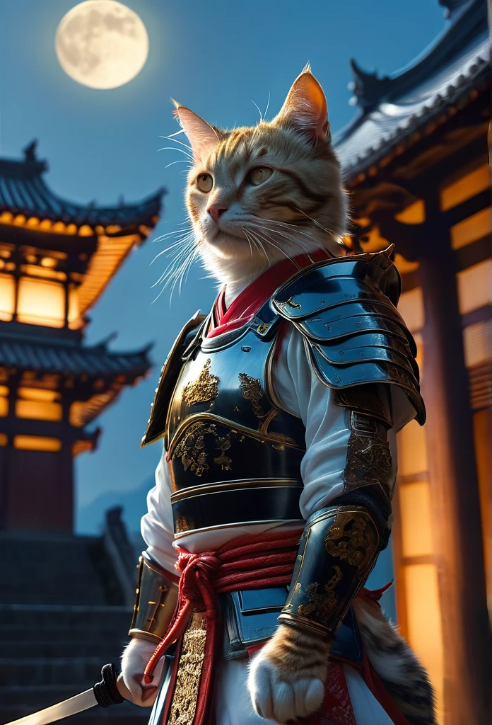 Anthropomorphic Cat in full samurai armour, photorealistic, standing in front of a temple, in the moonlight, view from below looking up