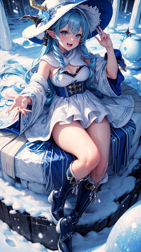(masterpiece, highest quality, ultra high res, ultra detailed:1.3), 1 snowman, blue hat, the hat shaped like two zigzag horns, blue boots, open mouth like half moon, 2 fangs, snow ball body, snow ball face,