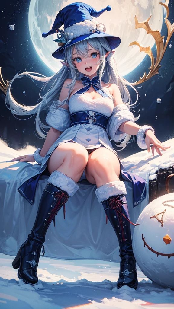 (masterpiece, highest quality, ultra high res, ultra detailed:1.3), 1 snowman, blue hat, the hat shaped like two zigzag horns, blue boots, open mouth like half moon, 2 fangs, snow ball body, snow ball face, 