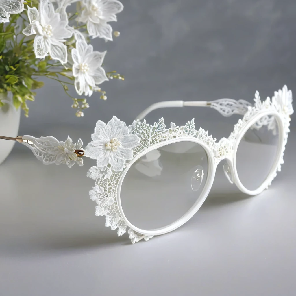 White laceで出来た眼镜, Beautiful lace glasses, Lace glasses for room decoration, indoor, White lace, Very delicate lace, best quality:1.2, 4K, 8K, Very detailed, High Detail, masterpiece:1.2