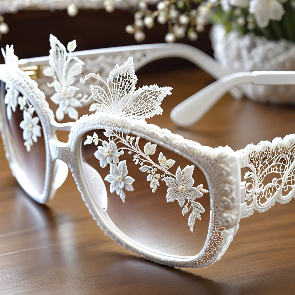 White laceで出来た眼镜, Beautiful lace glasses, Lace glasses for room decoration, indoor, White lace, Very delicate lace, best quality:1.2, 4K, 8K, Very detailed, High Detail, masterpiece:1.2