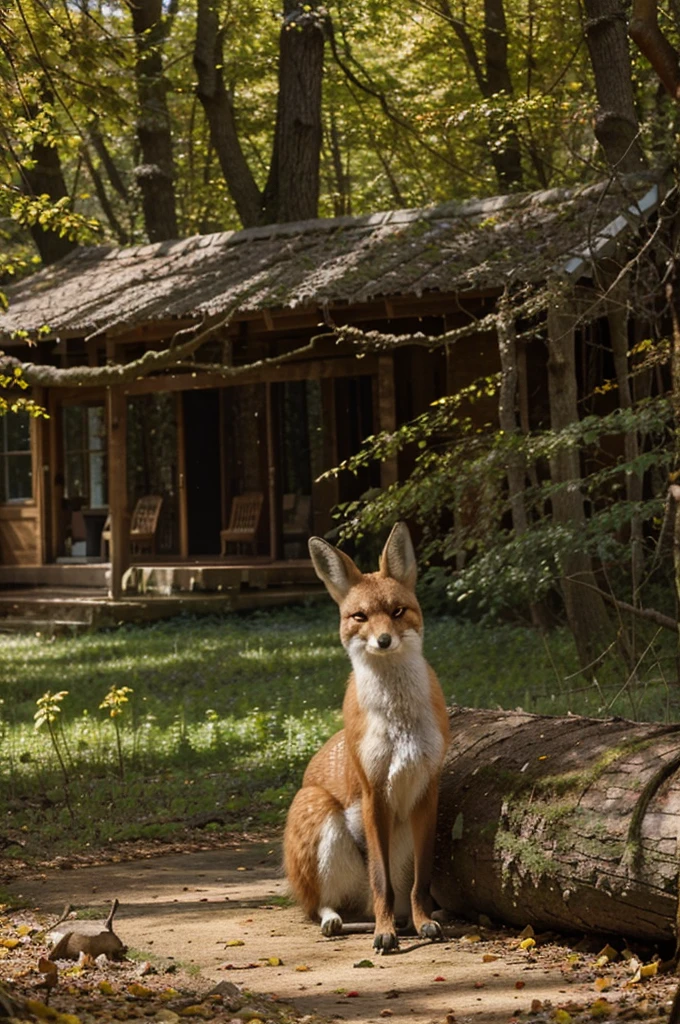 "Life in the enchanted forest": Imagine a magical setting deep in the forest, where deer peacefully graze in a sunny glade, while two rabbits frolic among the nearby wildflowers. On a nearby branch, a majestic owl observes the scene with its big yellow eyes, while a friendly raccoon explores a fallen log not far away. In the background, a curious fox camouflages itself among the dry autumn leaves, observing everything with curiosity