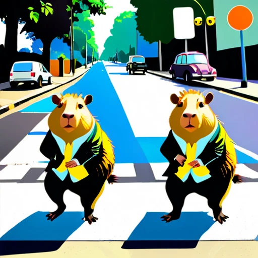 Four cute capybara, Beatles impersonation, same hairstyles and outfits, walking right on Abbey Road zebra crossing, Abbey Road is the 11th album of the British rock band The Beatles.