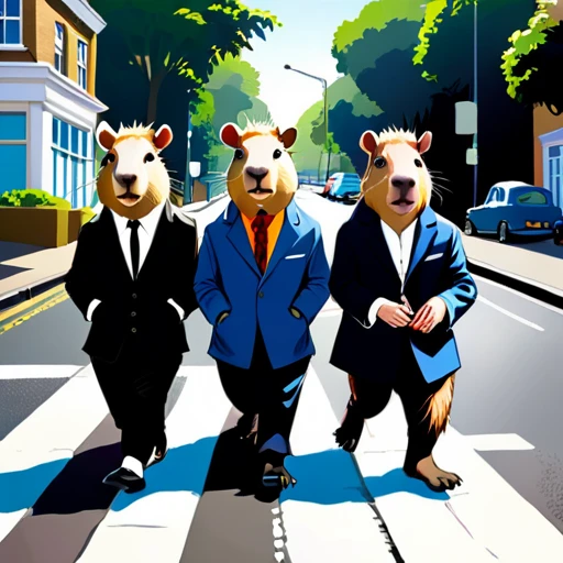 Four cute capybara, Beatles impersonation, same hairstyles and outfits, walking right on Abbey Road zebra crossing, Abbey Road is the 11th album of the British rock band The Beatles.