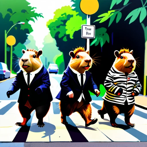 Four cute capybara, Beatles impersonation, same hairstyles and outfits, walking right on Abbey Road zebra crossing, Abbey Road is the 11th album of the British rock band The Beatles.