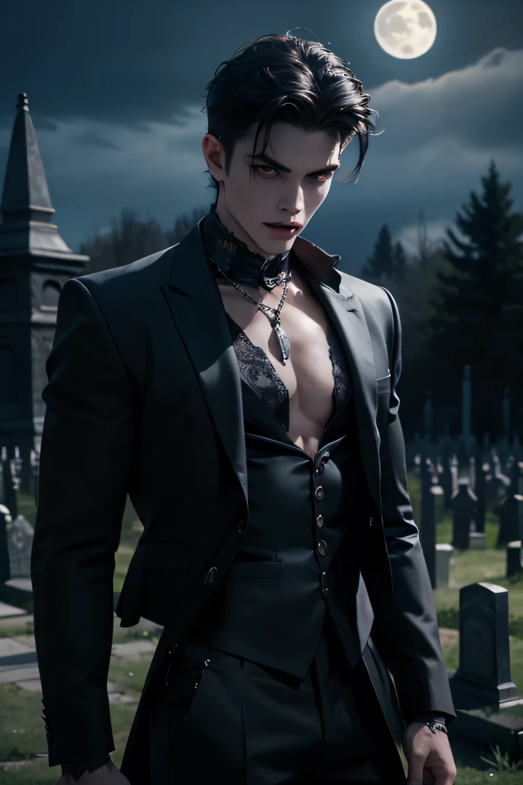 ((Best quality)), ((masterpiece)), 8k (detailed), ((perfect face)), perfect proporcions, ((halfbody)) he is a handsome vampire, he is 18 years old, he has black hair, gothic clothes, corset, bare chest, he extends his arms to his sides, he walks forward, there is a full moon behind him,There is a cemetery behind him ((perfect face)) ((vampire ambience)) night sky