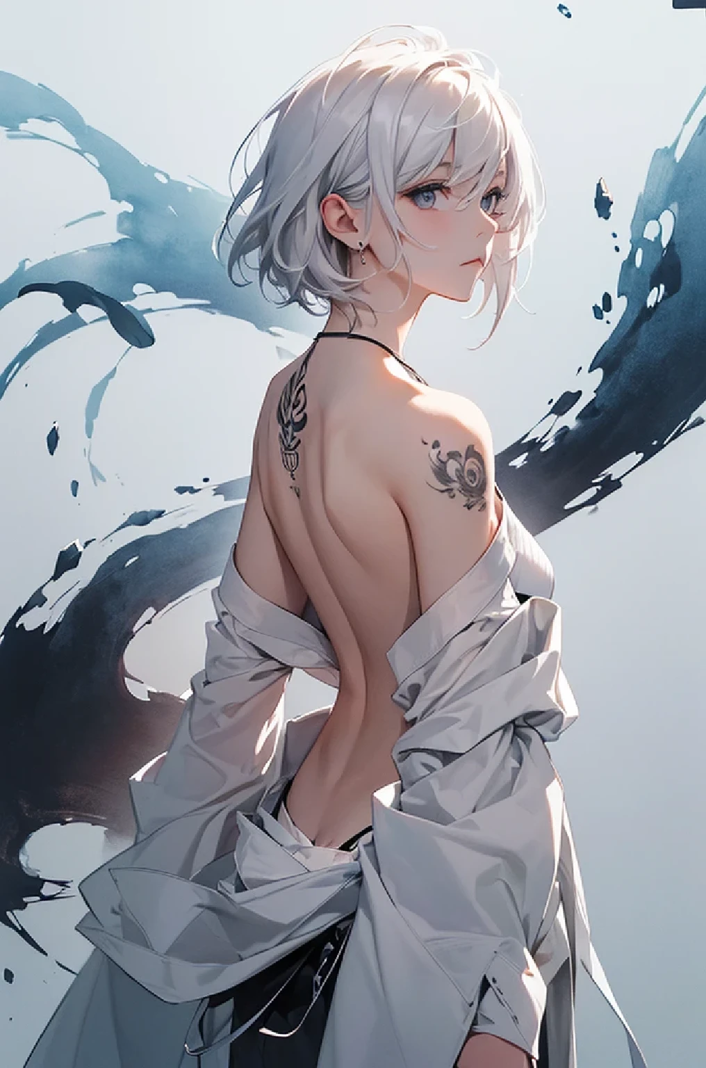 (Image from chest up:1.4)((masterpiece:1.5,Highest quality,Beautiful images、Sketch、2.5D、Ink Painting、Abstract、Artistic、Portraiture))(1girl, solo)(medium breasts, white hair、short hair、sideboob、Exposing shoulders、Tattoo on shoulder)(Profile Portrait,Gaze sideways、Gaze diagonally、Shake your head、A sad expression, floating hair)(Monotone Abstract Background)((from backside:1.3)),Landscape