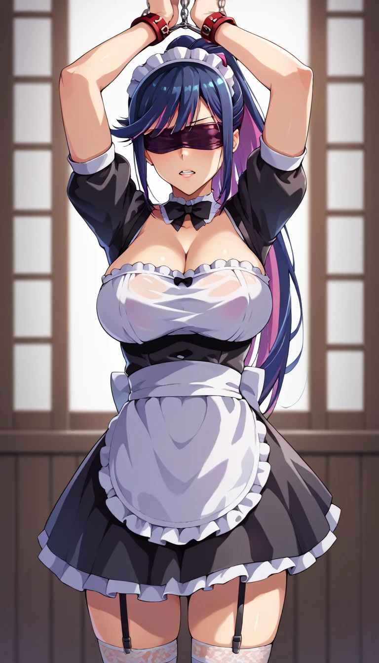(masterpiece, best quality, ultra-detailed, high resolution, detailed eyes), takeda hiromitsu style, 1 woman, solo, ponytail black hair, large breasts, blindfold, (maid costume), pov, black panty, garter belt, stocking, arms up, collar, restrained