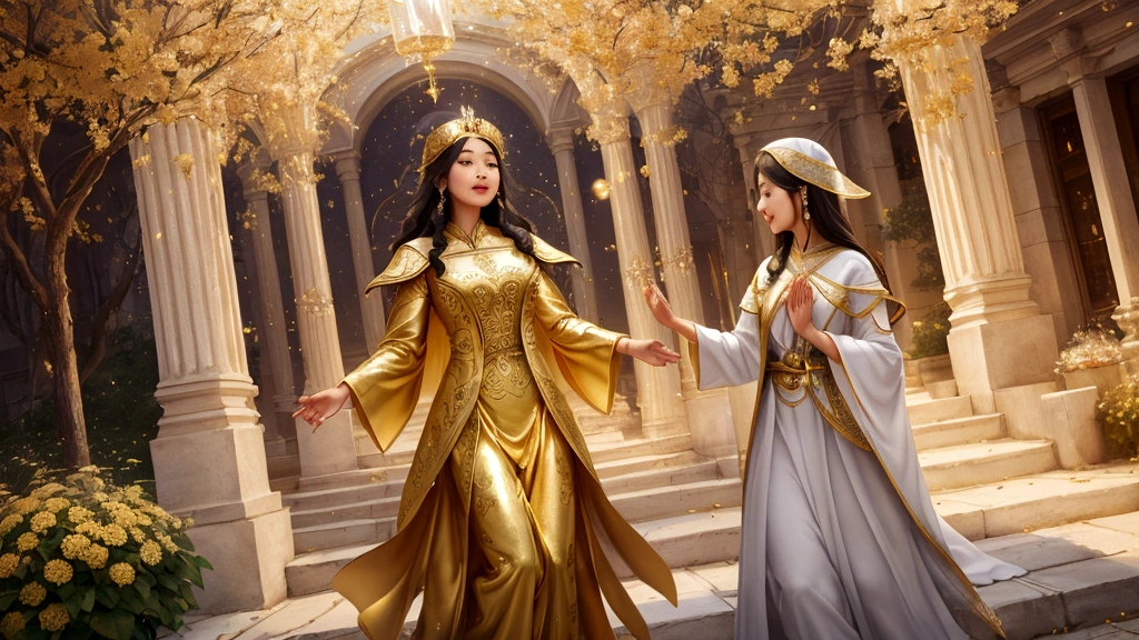 "A serene and radiant celestial realm where golden light bathes a cityscape of ethereal beauty. The streets are paved with glistening gold, reflecting the glory of a sun that never sets. Gardens bloom with vibrant colors, and crystal-clear rivers flow through landscapes of tranquility. Angelic beings and redeemed souls worship around the throne of God, surrounded by a sense of eternal peace and joy. The atmosphere resonates with the promise of eternal communion with God, illustrating Heaven as the ultimate reward for faithful believers."