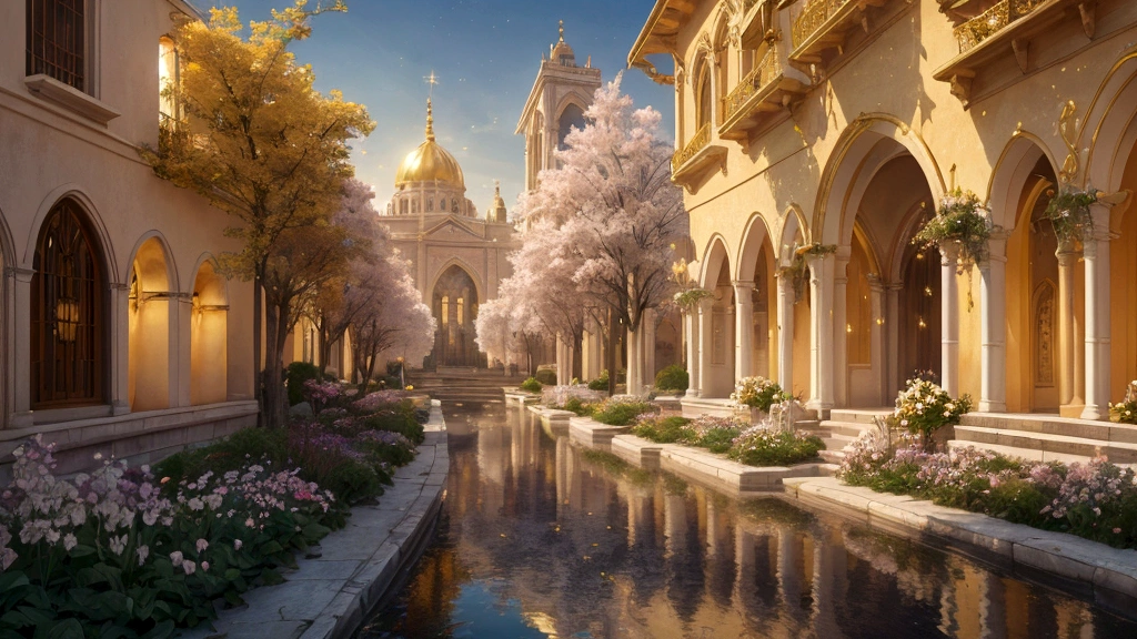 "A serene and radiant celestial realm where golden light bathes a cityscape of ethereal beauty. The streets are paved with glistening gold, reflecting the glory of a sun that never sets. Gardens bloom with vibrant colors, and crystal-clear rivers flow through landscapes of tranquility. Angelic beings and redeemed souls worship around the throne of God, surrounded by a sense of eternal peace and joy. The atmosphere resonates with the promise of eternal communion with God, illustrating Heaven as the ultimate reward for faithful believers."