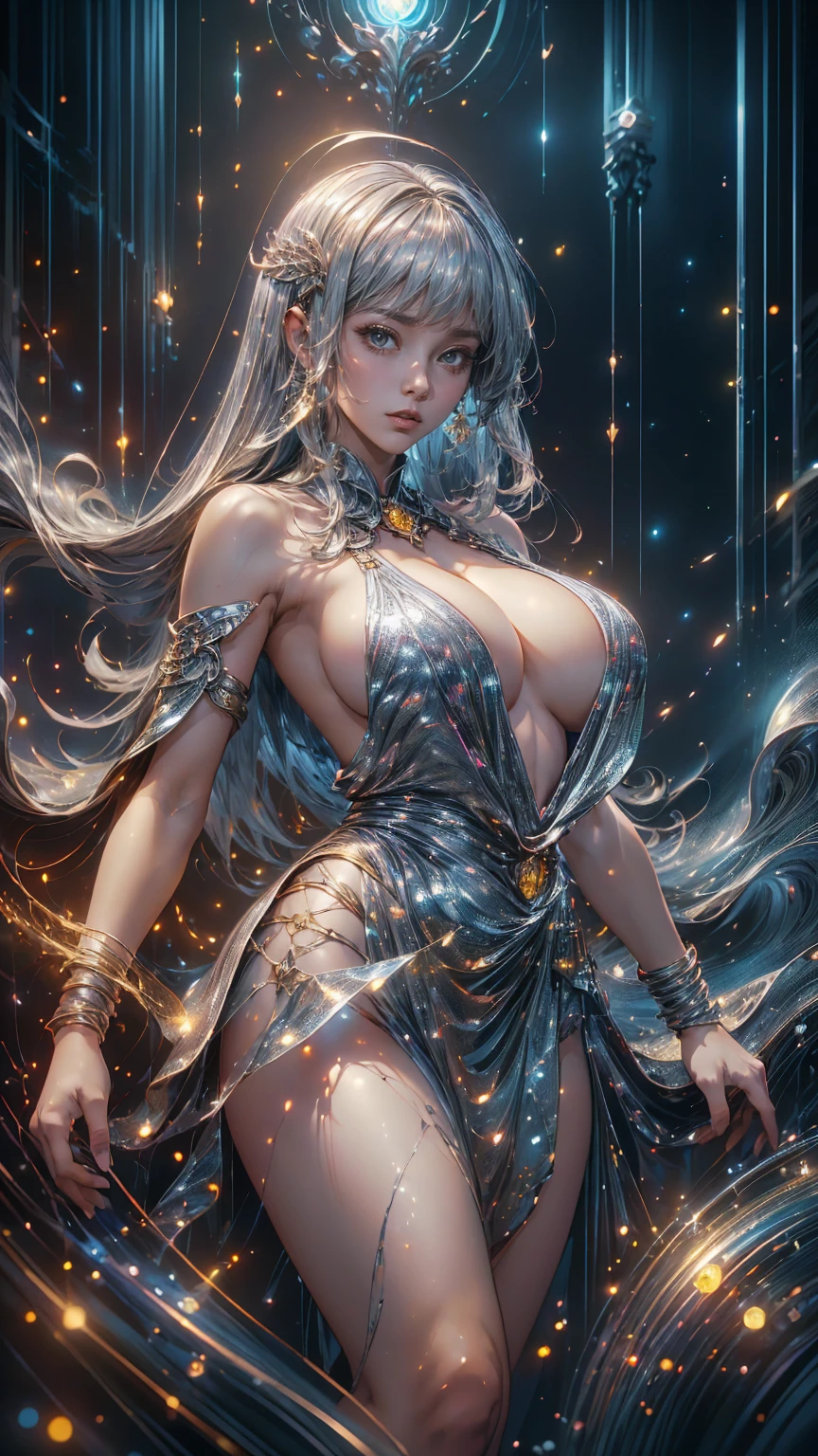 Moonstone personification、(masterpiece、top-quality、top-quality)、(((Beautiful anime style girl、)))、20yr old、oversize model、((((super gigantic breast)))、(((silber hair)))、Hairstyle is bob short hair、Extreme details、colourfull、Groism、Birthstone moonstone image frame、Art concept art by Can Riffis and Vadimukasin、Ethereal、is standing、flawless、Pure form、the golden ratio、、Khan Griffith、Wadim Kashin、john william waterhouse、abstract art、 (masterpiece、top-quality、hight resolution: 1.4)、More about realism、intricate-detail、4K、color splashes、line-drawing、Fibonacci、Tarot Cards