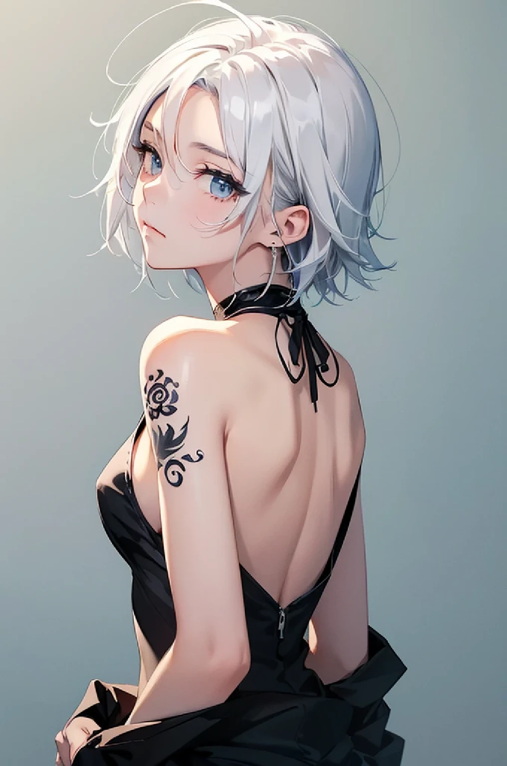 (Image from chest up:1.4)((masterpiece:1.5,Highest quality,Beautiful images、Sketch、2.5D、Ink Painting、Abstract、Artistic、Portraiture))(1girl, solo)(medium breasts, white hair、short hair、sideboob、Exposing shoulders、Tattoo on shoulder)(Profile Portrait,Gaze sideways、Gaze diagonally、Shake your head、A sad expression, floating hair)(Monotone Abstract Background)((from backside:1.3)),Landscape