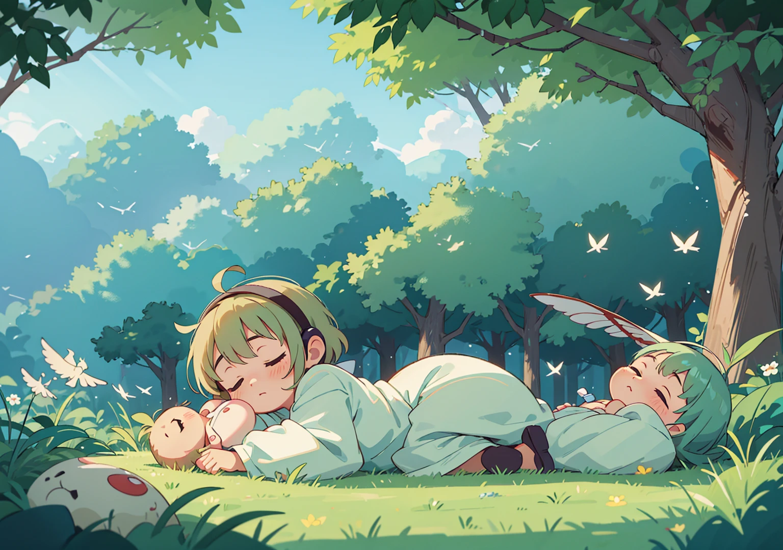 Create an anime-inspired illustration in a 16:9 format, depicting a serene garden scene in the afternoon. Include the sounds of chirping birds and cicadas, along with the gentle rustling of leaves in the breeze and relaxing Lo-Fi music. A baby wearing headphones is peacefully sleeping, looking comfortable and serene in the garden. The scene should convey a tranquil, dreamy atmosphere, perfect for lulling a baby to sleep. The style should be reminiscent of anime, with soft colors and a whimsical touch to the natural elements.