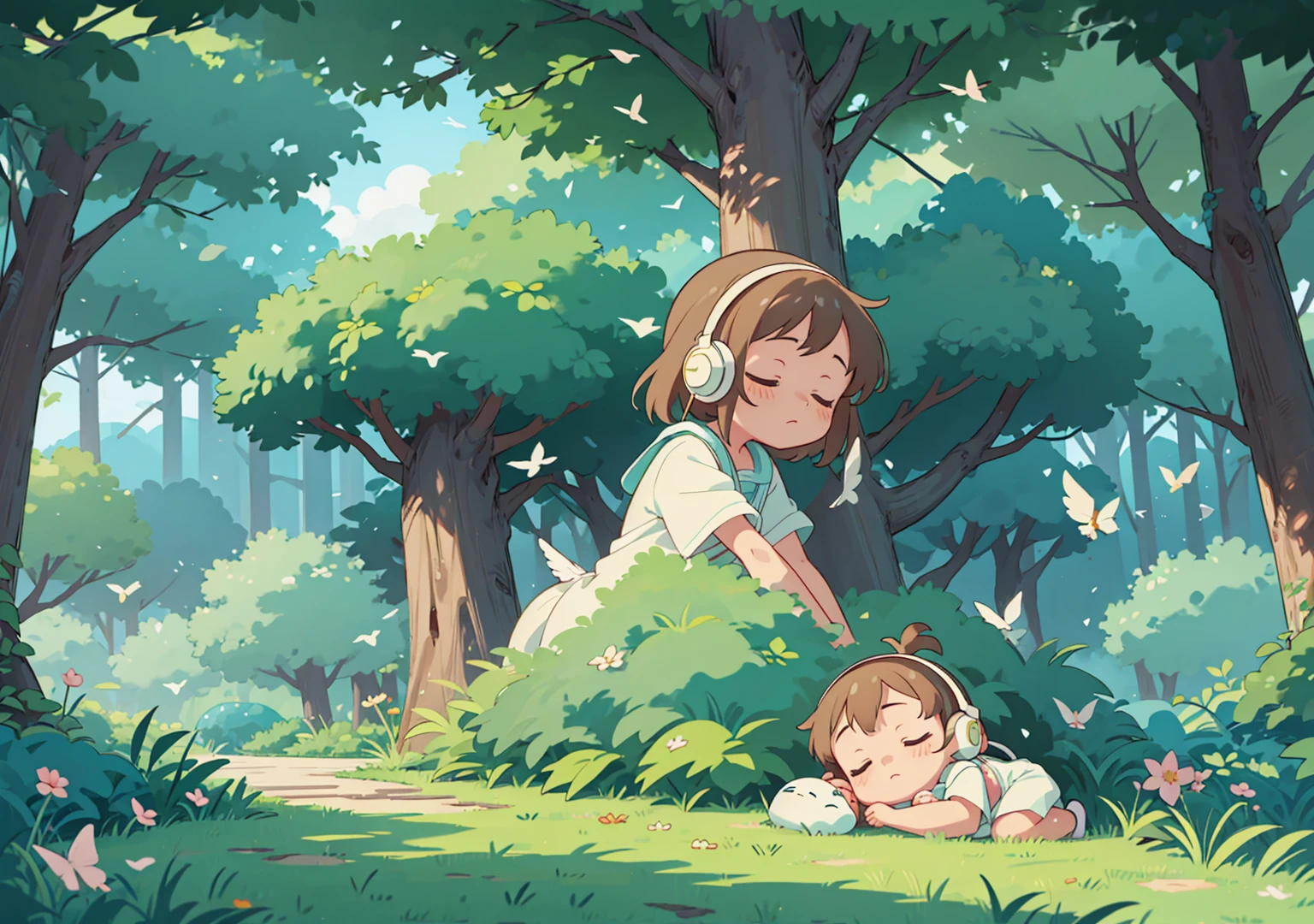 Create an anime-inspired illustration in a 16:9 format, depicting a serene garden scene in the afternoon. Include the sounds of chirping birds and cicadas, along with the gentle rustling of leaves in the breeze and relaxing Lo-Fi music. A baby wearing headphones is peacefully sleeping, looking comfortable and serene in the garden. The scene should convey a tranquil, dreamy atmosphere, perfect for lulling a baby to sleep. The style should be reminiscent of anime, with soft colors and a whimsical touch to the natural elements.