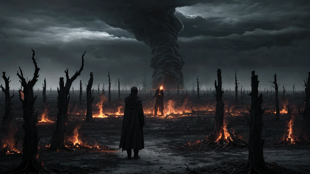 "A stark and ominous landscape engulfed in swirling dark clouds and engulfed in swirling dark clouds. The ground is cracked and desolate, littered with scorched trees and charred remnants. In the distance, a lake of fire rages with intense flames, casting eerie shadows and emitting haunting screams. Demon-like figures loom ominously, overseeing the torment of those condemned to eternal separation from God. This chilling scene highlights the consequences of sin and underscores the severity of divine judgment, serving as a stark warning to those who reject God's grace."