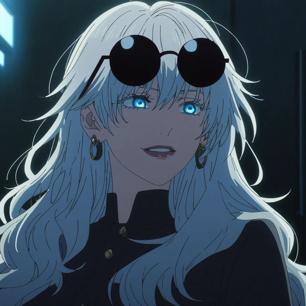 1girl, female gojo satoru, anime screencap from jujutsu kaisen, gojo satoru female version, solo, long_hair, ((Blue eyes)) ((Silver_hair)), night view, (hanging breasts) upper_body, smile, indoors, book, green_eyes, lips, (messy hair) ((wearing black colour outfit with button)) breast, "very detailed and high resolution" (Blue universal eyes) (cross arms) ((wavy hair and messy hair)) ((solo)) (front view) (earings) ((high resolution)) ((good quality)) ((long hair)) ((silver hair)) ((wearing round sunglasses on the head))
