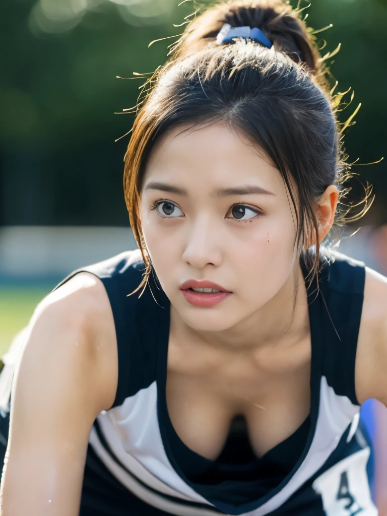 down blouse、(Track and field athlete、uniform:1.2)、(Tired look、Painful expression、Sweaty、Wet with sweat、Soaking wet、Big Breasts)、(Realistic、Photorealistic、Ultra-detailed、Highest Detail Skin、Highest quality、masterpiece、Ultra-high resolution)、Realistic skin types、Japanese、24-years-old、Very cute girl、Beautiful girls、Looking into the distance
