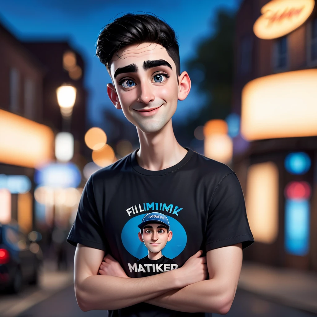 A 3D realistic cartoon-style caricature of a young man with an oval face, thin black eyebrows, small dark eyes, a small and slightly pointed nose, and thin lips with a slightly open mouth. He is wearing a black t-shirt with the text "FILM MAKER" on the chest and a backward blue cap. The young man is standing with his hands behind his back, with a neutral expression and a slight smile. The background is blurred, indicating a night setting with some bokeh lights. make a full body