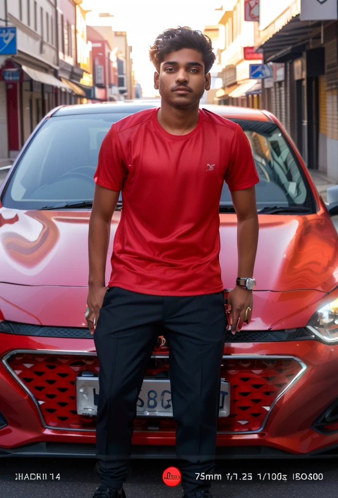arafed man standing in front of a red car on a city street, with a cool pose, full body photogenic shot, full body picture, front profile!!!!, candid picture, * colour splash *, standing in road, jayison devadas, taken with canon 8 0 d, full body photograph, shot on sony a 7, very artistic pose