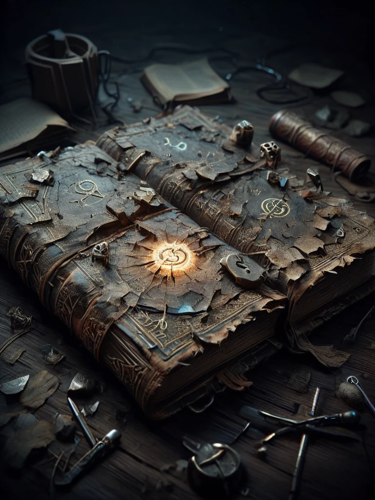 ais-olde book, its leather cover cracked and brittle, pages filled with cryptic symbols glowing faintly in the darkness 