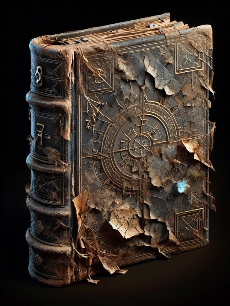 ais-olde book, its leather cover cracked and brittle, pages filled with cryptic symbols glowing faintly in the darkness 