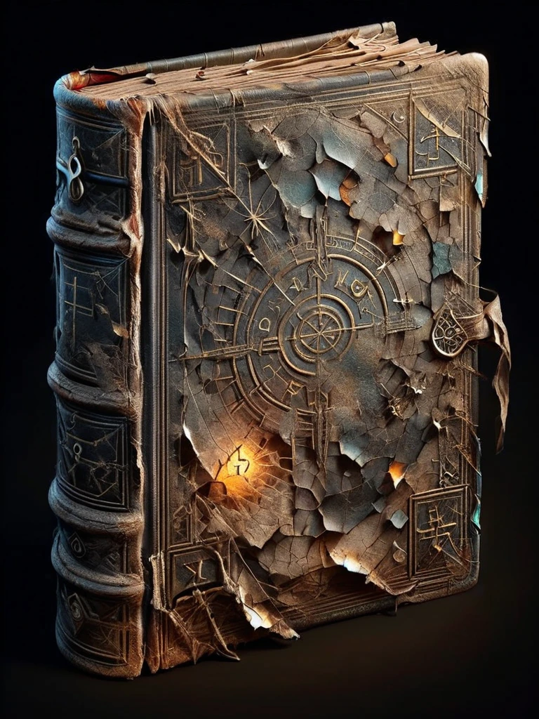 ais-olde book, its leather cover cracked and brittle, pages filled with cryptic symbols glowing faintly in the darkness 