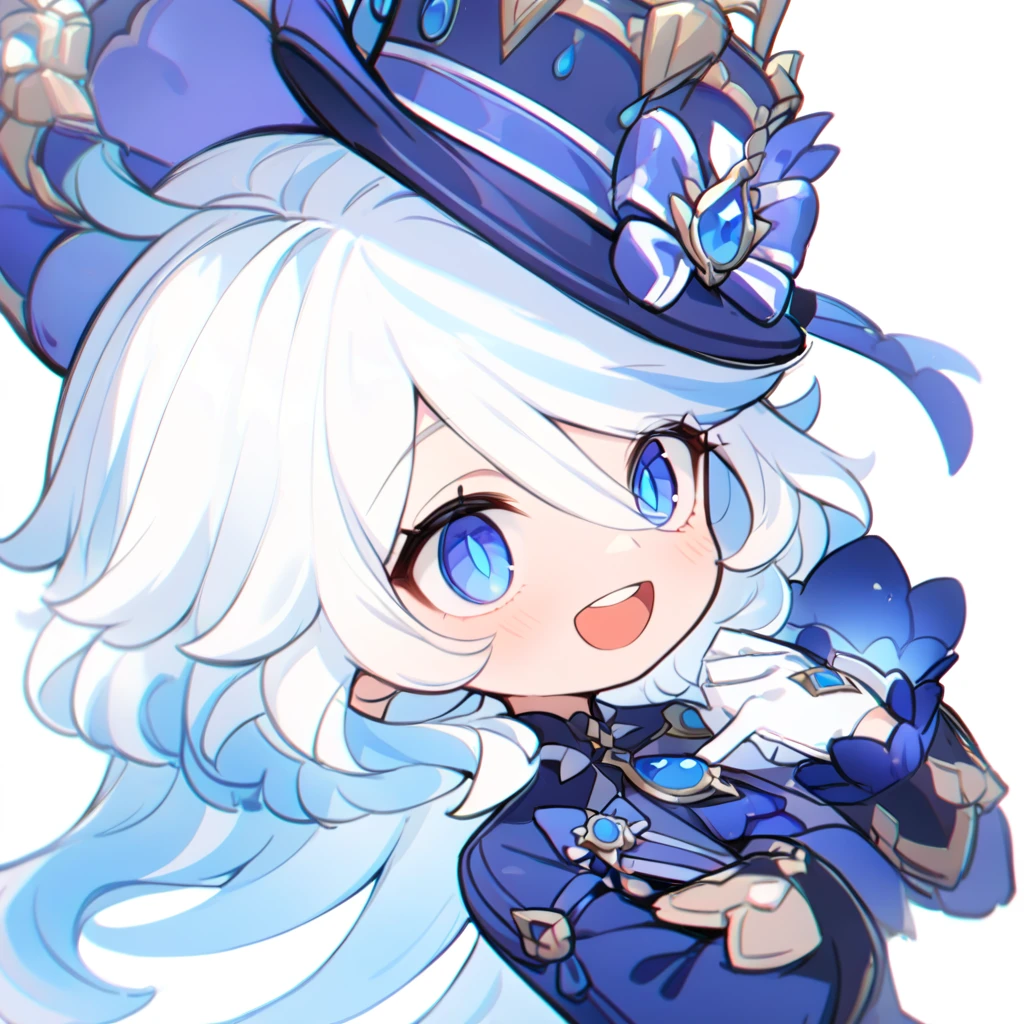 masterpiece,best quality,1 Girl, Forrina \(Genshin Impact\), upper_body, only head，Genshin Impact, Hair whorl, top hat, Blue Jacket, Blue Ascot, Blue brooch, end, Simple background, open mouth, Blue headdress, Striped hair, Upper teeth only, Solitary, Long hair, Light blue hair, White background, Smile, White hair, Ahog, mismatched gloves, White gloves, Long sleeve, Hair between the eyes, Blue Gemstone,chibi，Cartoon，Funina，