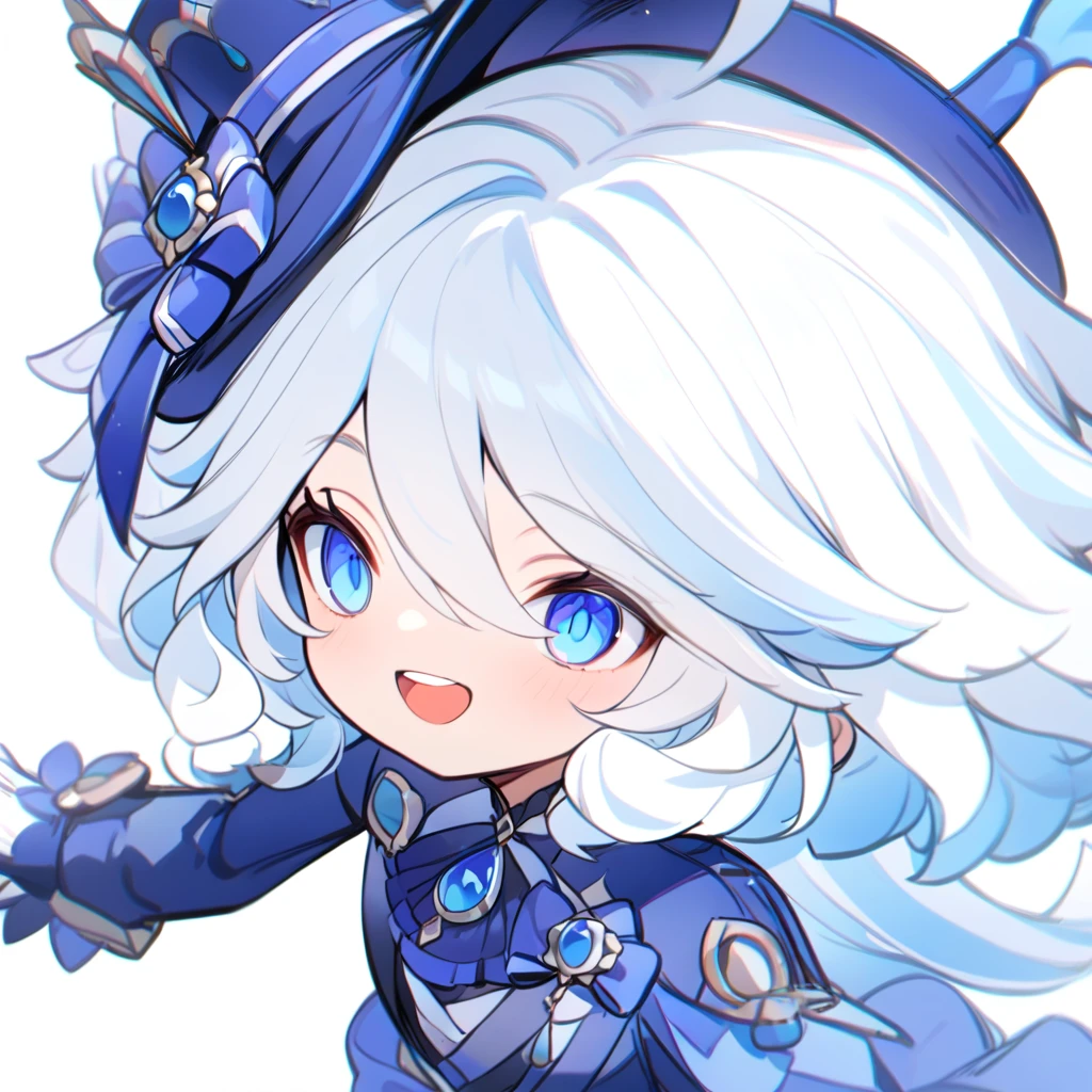 masterpiece,best quality,1 Girl, Forrina \(Genshin Impact\), upper_body, only head，Genshin Impact, Hair whorl, top hat, Blue Jacket, Blue Ascot, Blue brooch, end, Simple background, open mouth, Blue headdress, Striped hair, Upper teeth only, Solitary, Long hair, Light blue hair, White background, Smile, White hair, Ahog, mismatched gloves, White gloves, Long sleeve, Hair between the eyes, Blue Gemstone,chibi，Cartoon，Funina，